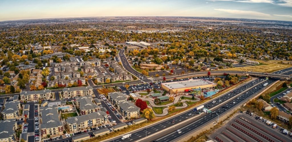 A view of Highway 36 in Northglenn, Colorado. Motorcyclists in HOV lanes in Colorado