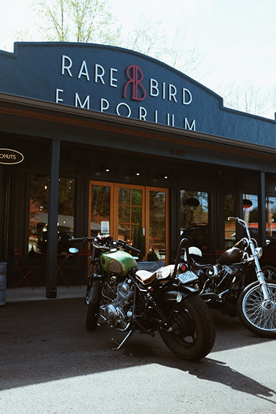Rare Bird Emporium in Chattanooga Tennessee with parked motorcycles
