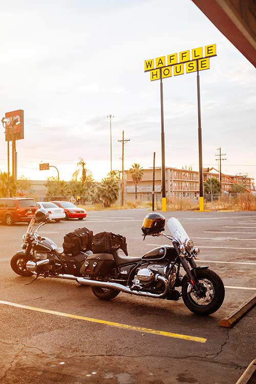 Motorcycles outside of Wafflehouse on a long distance motorcycle trip