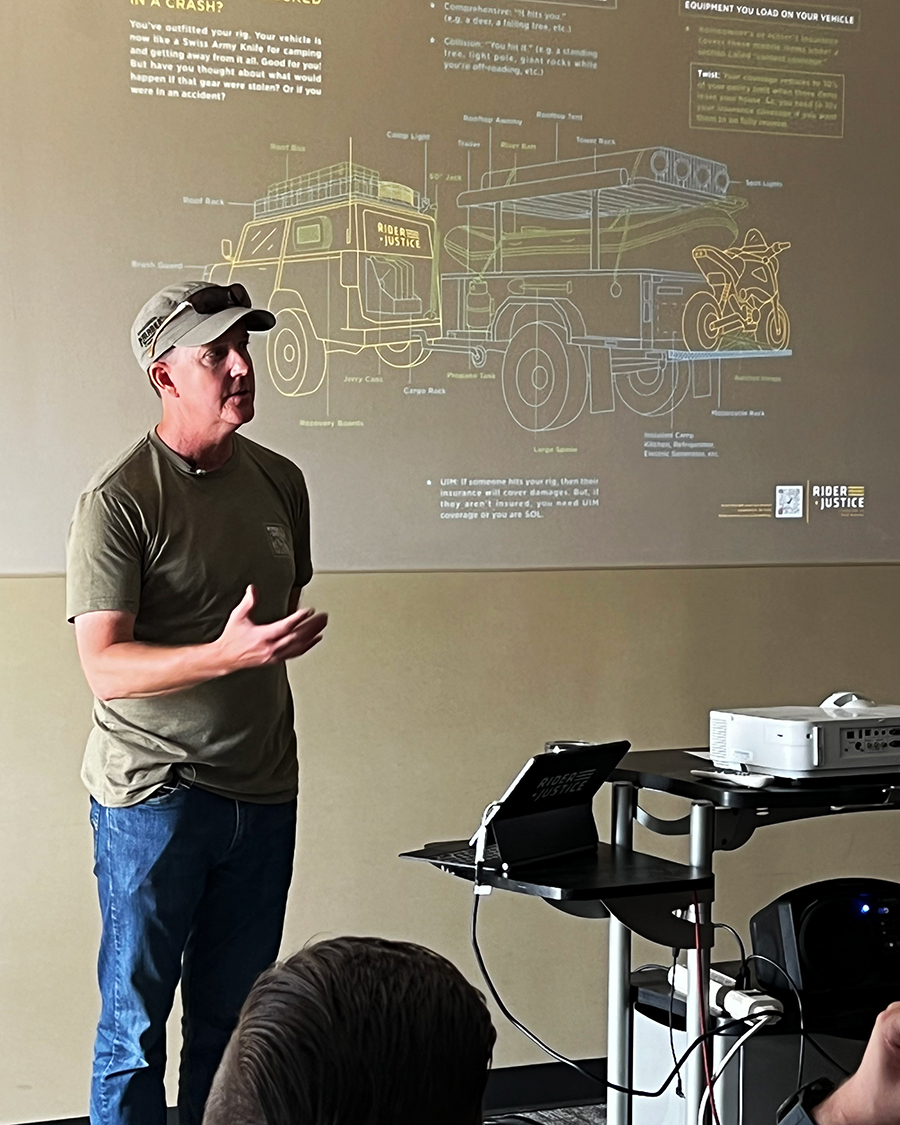 Scott presenting insurance information at Overland Expo | overlanding accident help attorney