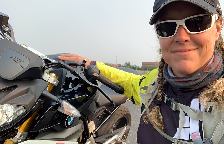 Kandi Spangler with her  BMW motorcycle