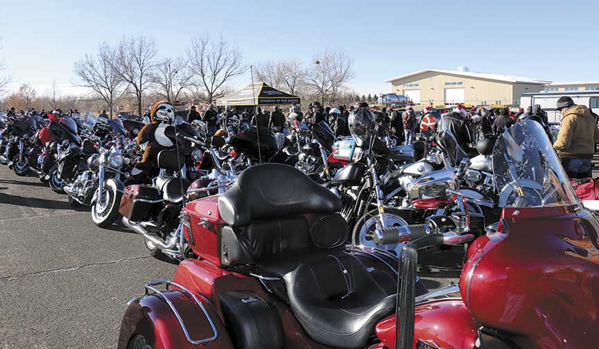 Motorcycles lined up for the annual Toy Run to Children's Hospital in Denver