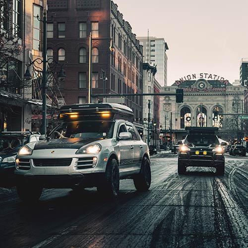SUVs near Union Station in downtown Denver